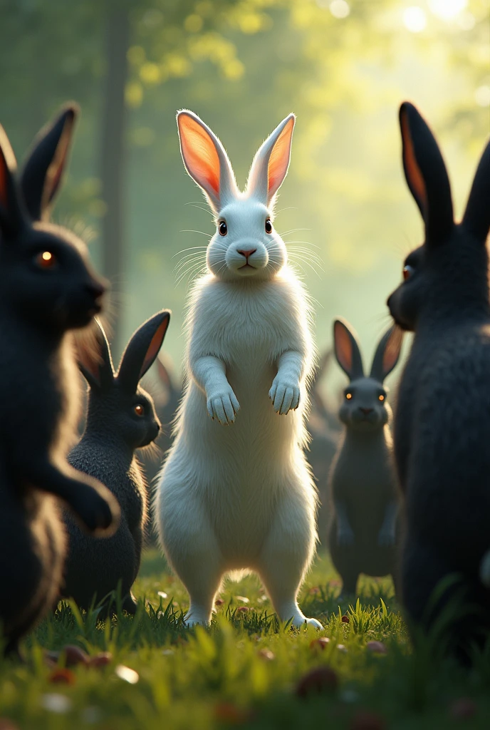 Lapin blanc se battant contre des lapins noirs