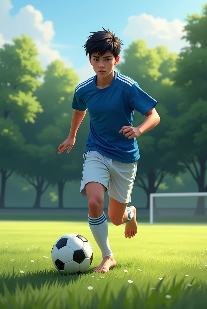 A teenager of approximately , Caucasian skin, short black hair. He is wearing a blue shirt and white shorts.. bare feet, without socks or shoes. There is no tissue on your ankles. He is running on a football field with a ball at his feet. At the end of the field, a lot of trees.