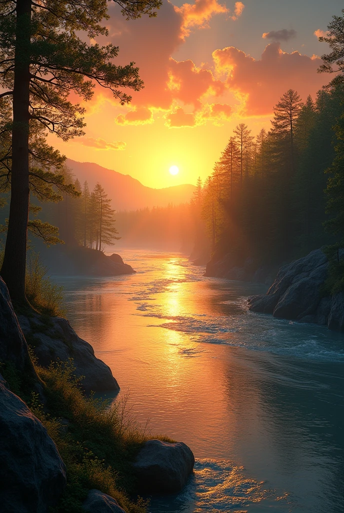 a sunset, a mighty river, Next to the river there are many trees and a shadow of a woman in the background, Photo size must be horizontal size