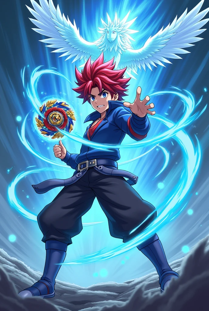 Gingka Hagane holding a Beyblade Storm Pegasus with a blue aura around it with the Storm Pegasus behind