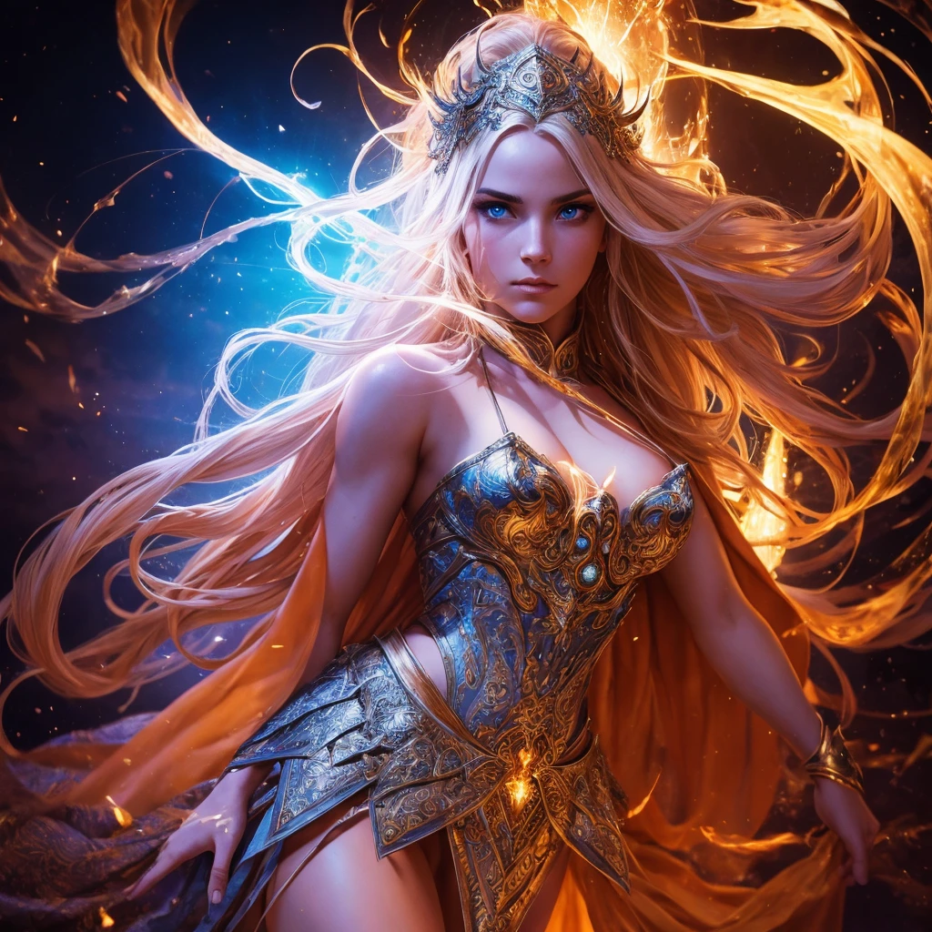 A powerful warrior of God, commanding the power of light magic, shrouded in an aura of mystery, 1 girl, detailed face, beautiful intricate eyes, striking facial features, long flowing hair, ornate armor, glowing ethereal energy, dramatic pose, dramatic lighting, cinematic composition, epic fantasy, vibrant colors, digital art, masterpiece, best quality, 8k, hyper detailed, photorealistic