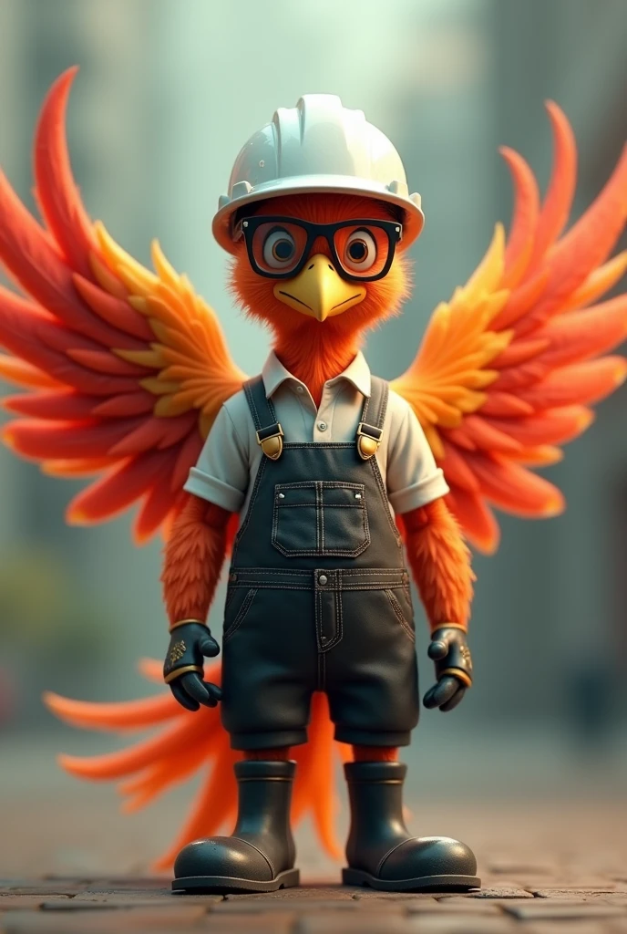 Animated image of a phoenix bird in black safety overalls, White shirt, White helmet, safety glasses, black safety boots on