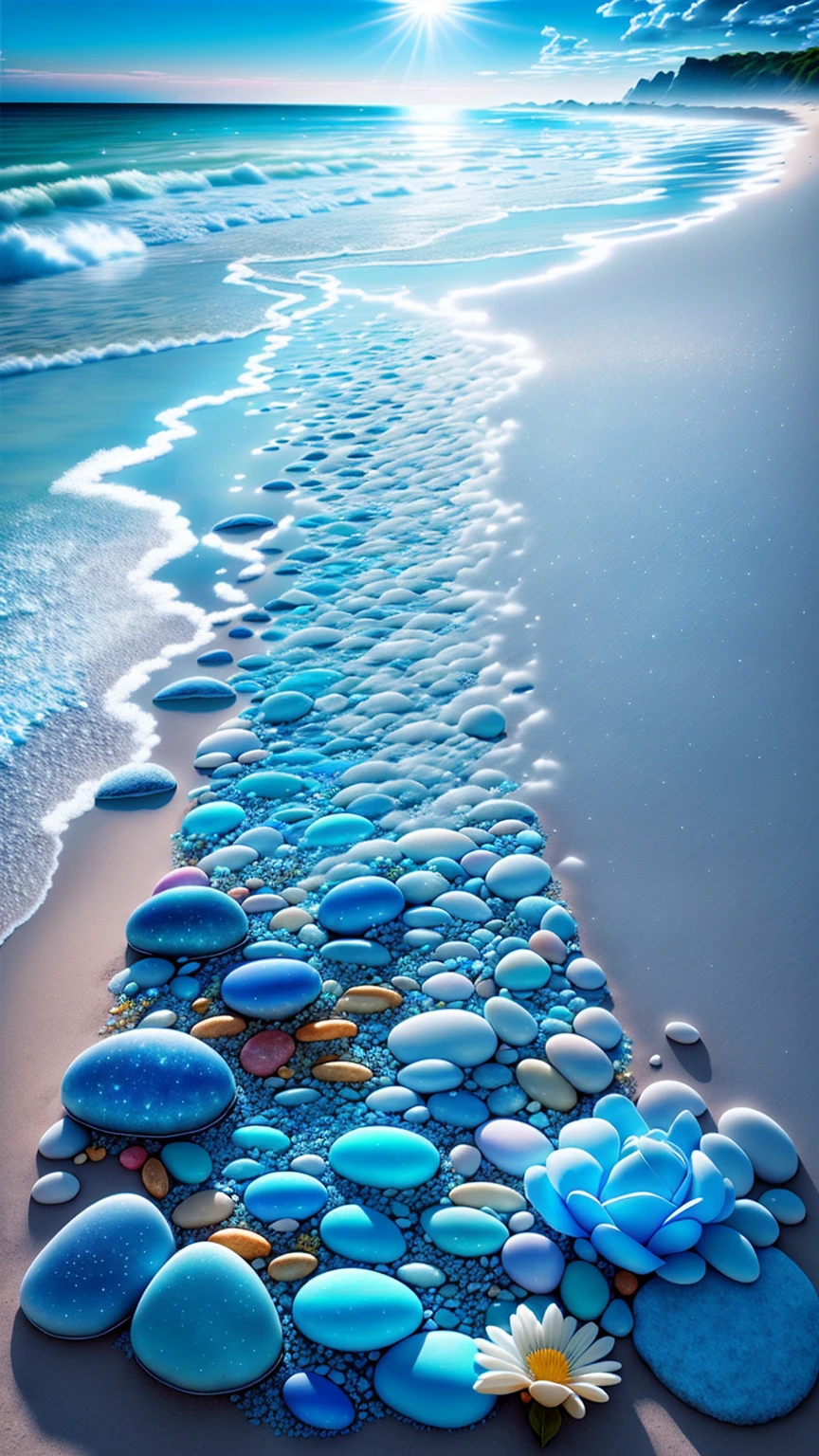 Exquisite scenes，depth of fields，8K，Blue sky，White clouds，The sun shines on the beach，There are many small colorful stones on the beach，Rose flower，