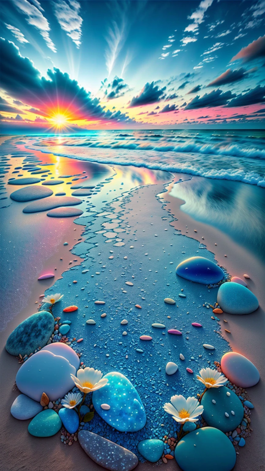 Exquisite scenes,depth of fields,8K,Blue sky,White clouds,The sun shines on the beach,There are many small colorful stones on the beach,Rose flower,