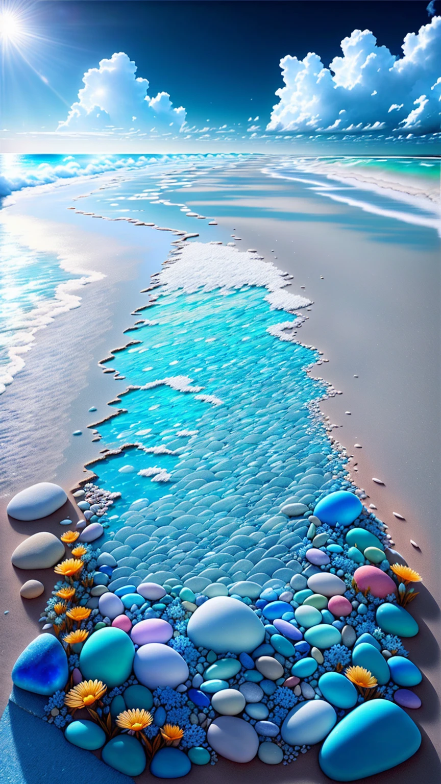 Exquisite scenes,depth of fields,8K,Blue sky,White clouds,The sun shines on the beach,There are many small colorful stones on the beach,Rose flower,