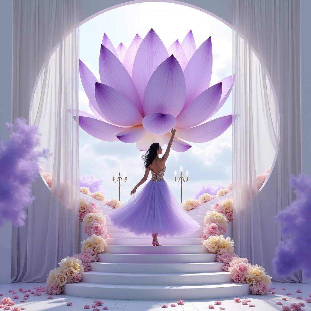 On white screw, stairs,   Curved, there stands a cute girl, in extravagant clothes,  away from the light fog around and at the feet, minimalist, elegant, pure gentle, Soft bright light, veil, curtains, lace, beautiful white summer house with canlilabra, photorealistic. Giant purple lotus , with huge and long purple petals. (petal made of thin and soft tulle, flowing petals full background, floating petals, hyperflying petals, at the feet Mixture of purple smoke and fog effects from colored blue fog on the ground and petals). Extravagant, beautiful woman full length, nice legs,shoes, in a fast dance in a flying pose,  lace,gold,white staircase, strewn with pale pink and yellow roses