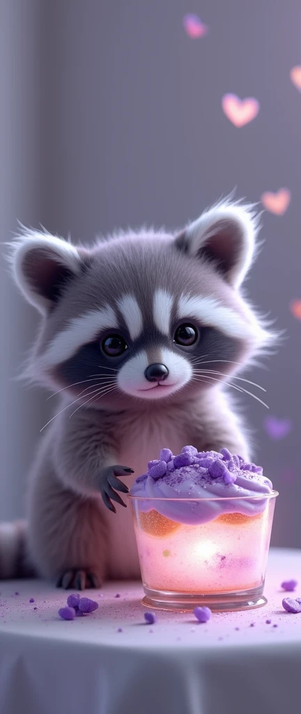 A captivating photograph of a cute extra fluffy baby realistic raccoon (((videogame_style))), Line art:1.2, (sharp focus:1.2), Line art, flat color, monochrome, grayscale, ((Cream puff pastry made of glass )), (Grumpy Lightning:1.2), soft grey light, depth of field, bokeh, 4k, HdR,, Beautiful cream puff Illuminated by the ethereal glow of studio lightning, The light reflects shadows on the purple aquamarines that decorate the cream puff, the reflection of light shines around it, The harmonious play of light and shadow underlines the natural beauty of the cream puff pastry,, (The shape is velvety and silky curved:1.2), (High contrast to capture the play of light and shadow),, a cream puff pastry:(for the viewer, the desserts seem alive, as if it were possible to glimpse its inner glow),,simple light grey background, at night, calm and grateful atmosphere, painted hearts, magical atmosphere, (Flying sugar powder inside a clear glass cube) on a dessert table in front of a bright window, The moonlight casts a ray of light on the desserts and seems to melt the ice cube that the cream puff is on., Water mist emanates from the bucket., desert space of award-winning art, landscape, the color of the detail is purple, magical atmosphere, fairy tale like, The cream puff pastry is decorated with white icing sugar and ral-3dwvz cream ral-3dwvz