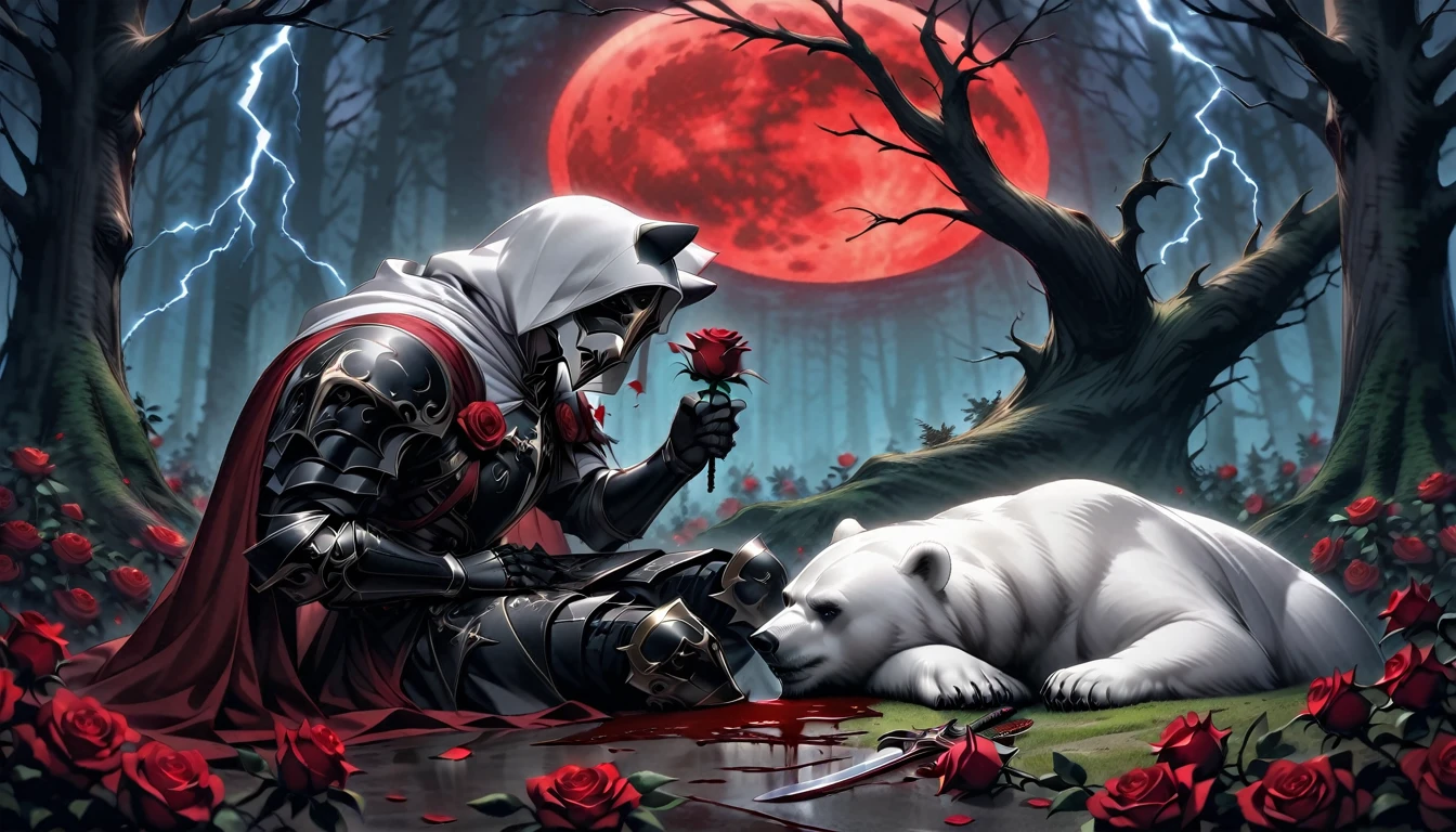Male knight with a white hood with bear ears with sword behind his back sits on the ground towards a polar bear in a forest while the moon shines, many Roses cover the ground and lightning falls from the sky. The polar bear sleeps in front of the knight. Only the man wears a red blindfold. In the background of the picture is the blood moon and a tree has fallen down in the path. The forest is full of trees with leaves. The armor of the man is black and red roses decorate it. The knight has its sword in his hand.