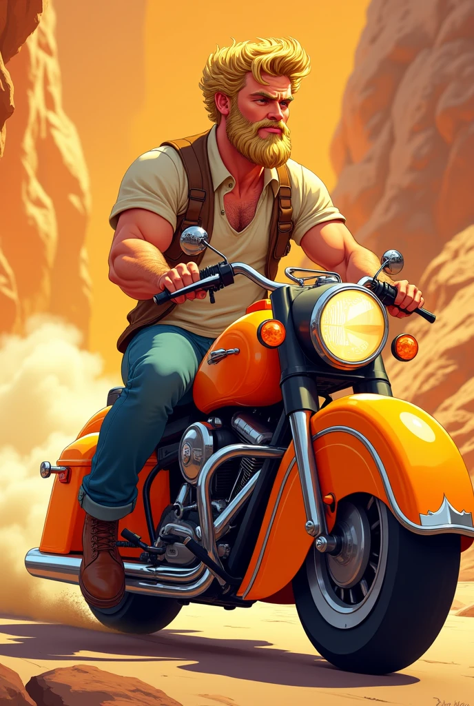 Tall blond man with curly hair and a blond beard on an orange Disney-style Duke motorcycle