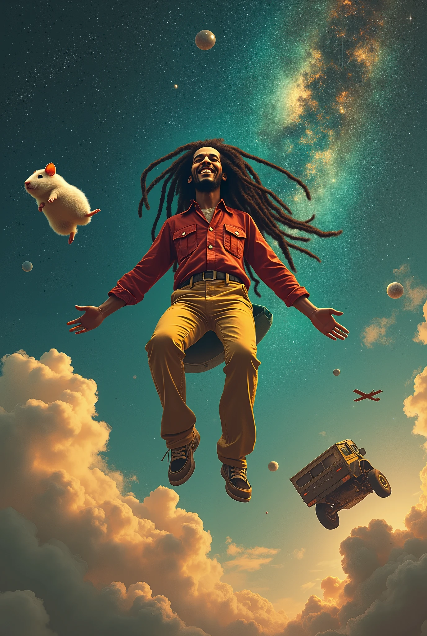 Bob Marley in space with a guinea pig, A plane, a big illegal truck