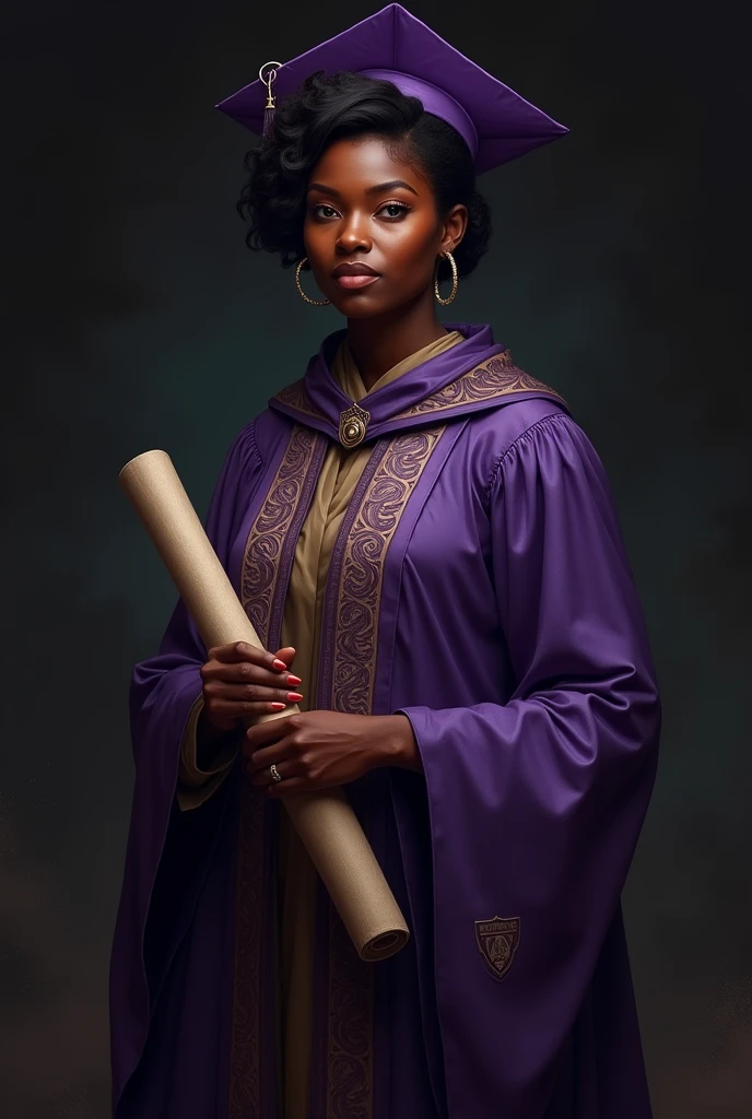 A half picture 44, A dark female wearing a purple convocation gown and a cap holding a scroll