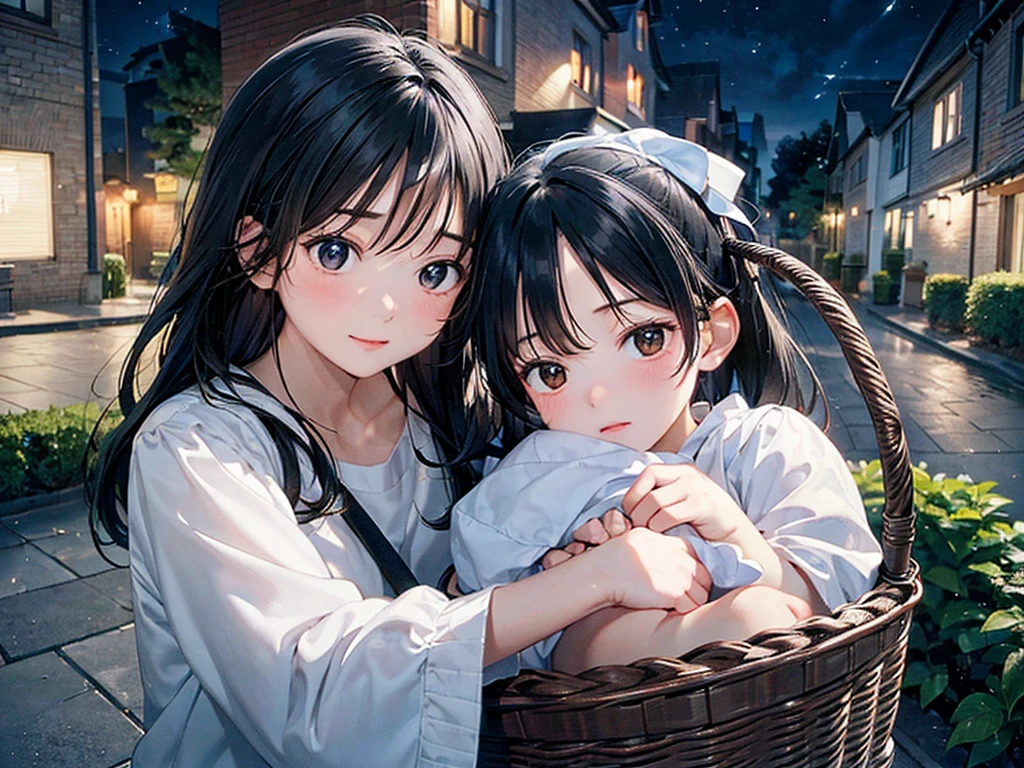 A peaceful scene unfolds on the doorstep of Number 4 Privet Drive, as a baby boy with jet black hair and a lightning scar on his forehead sleeps peacefully in a basket. The soft light of a street lamp creates a stunning contrast against the dark night, illuminating the baby's clear and beautiful face.
