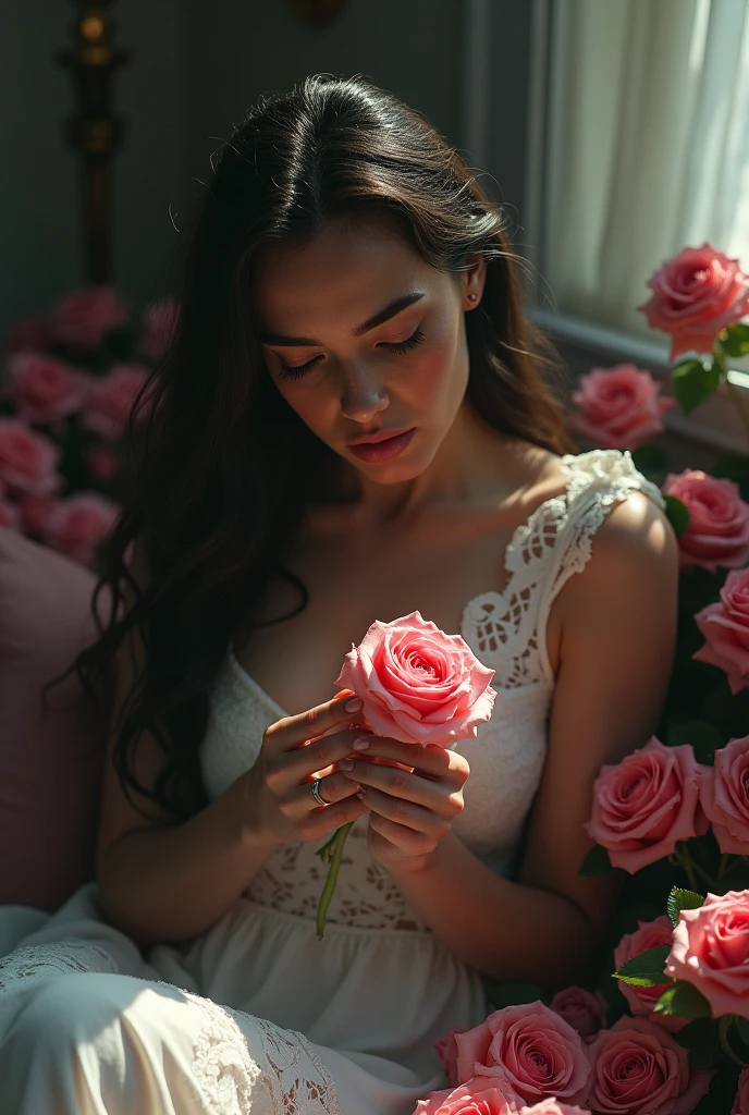 A woman, resembling with Gal Gadot actress, sitting in a white lace dress looking at a rose flower in her hand with her head bowed, crying. In her surrounding, there are roses. The roses symbolize love and beauty, while her posture and expression convey a deep sense of sorrow and emotional pain. Realistic image