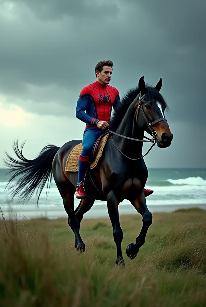 Robert Downey junior wearing Spider-Man suite with a Adidas logo , Riding on a Belgian Draft horse in an open green field by the ocean, dark clouds, breezy, 8k, Realistic
