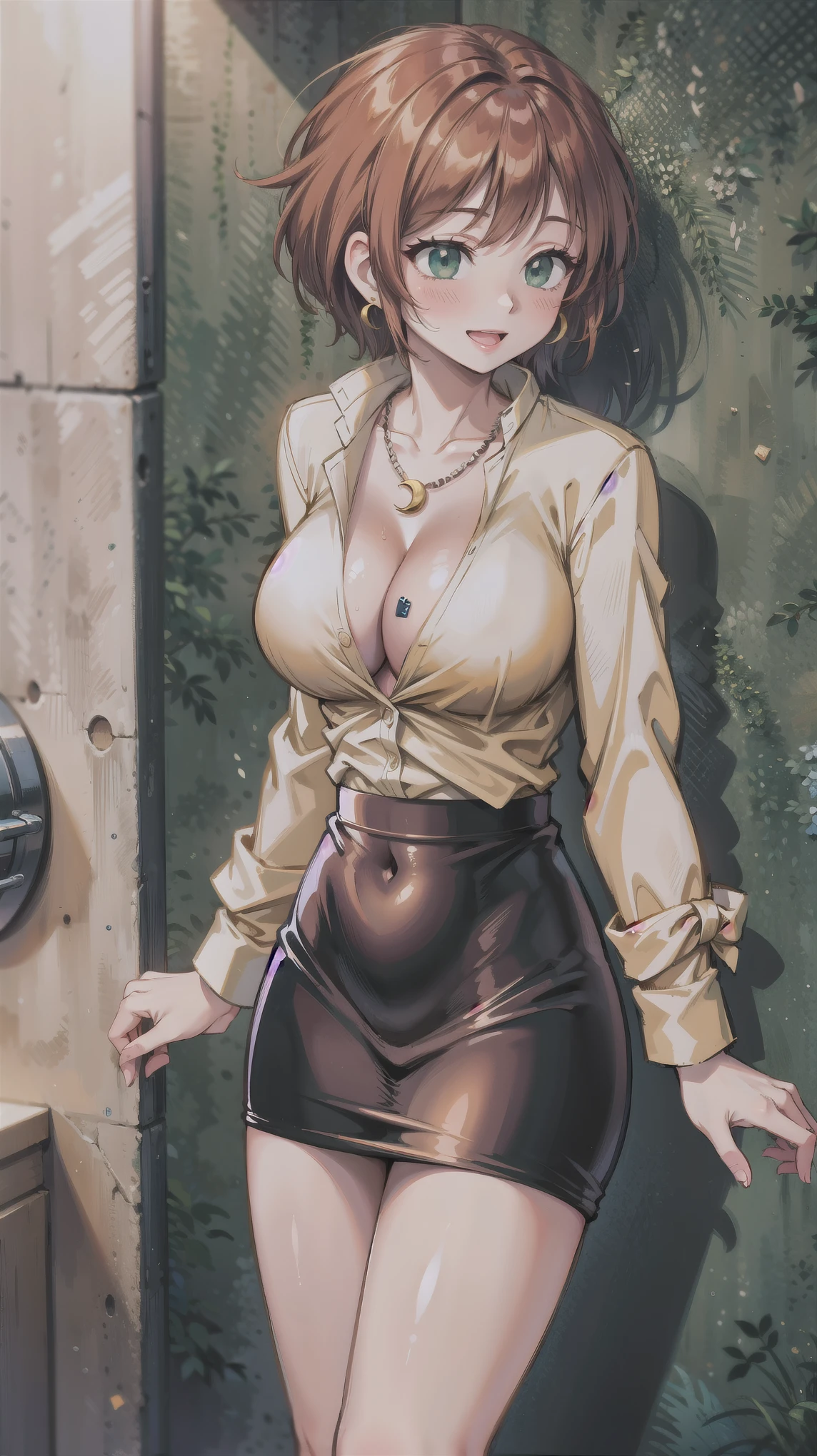 （（super high quality,））（（Ultra-high resolution,））（16K,）（super masterpiece,）（（Ultra HD ,））（Detailed shading,）One sexy woman,Brown short hair bouncing out,popped Tight collar Yellow shirts,Unbutton your shirt down to your chest,Long sleeve,Cleavage,Black tight skirt,Crescent-shaped earrings,Crescent Necklace,Ecstatic smile,blush,