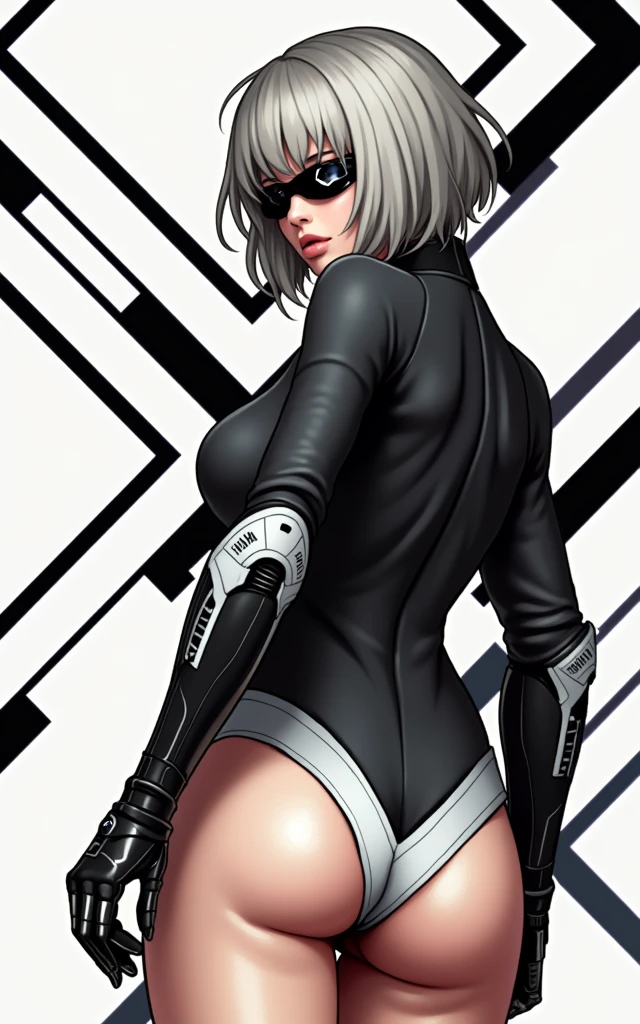 (masterpiece, best quality)), ((((perfect anatomy)))), Caucasian android woman with short silver hair, ((elaborate black dress)) (((white high cut leotard))), big butt, black eye-band, white and black gloves, digital black pattern background, ((pixel art, pixel))