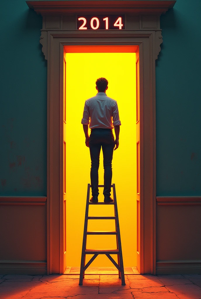 Create a man at the top of a ladder in front of a bright door.. Above the door it says 2014. The man is wearing casual but very elegant clothes.. 