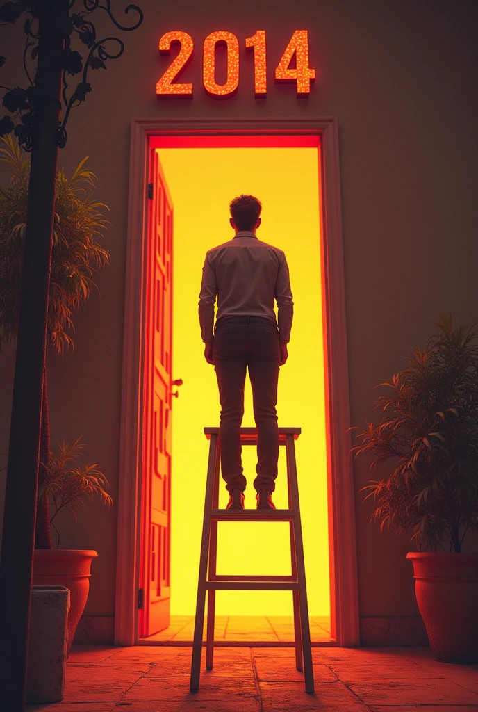 Create a man at the top of a ladder in front of a bright door.. Above the door it says 2014. The man is wearing casual but very elegant clothes.. 