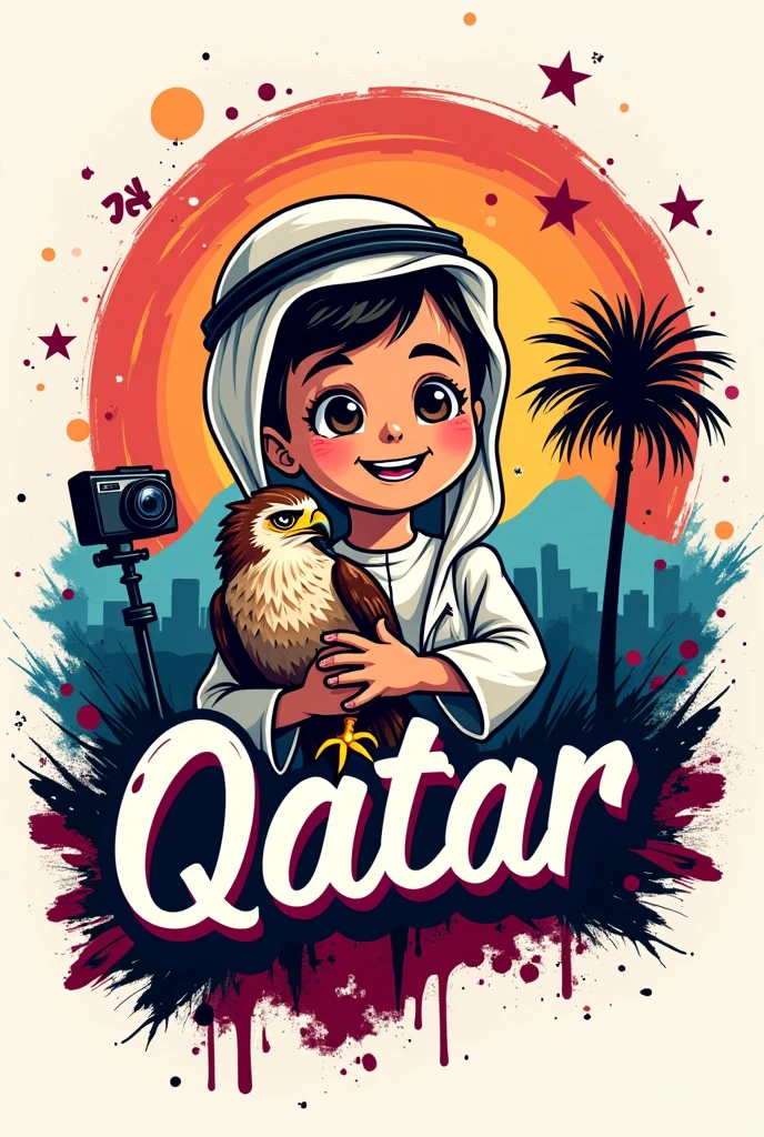 Abstract graffiti style logo illustration for "I Love My Country". The logo is a cartoon image of a smiling Qatari boy in traditional dress holding a falcon, with mountains, a palm tree and the capital Doha with buildings in the background. The background is a vibrant white color. The graffiti style includes elements such as stars, a camera and swirls. The logo also has the text "Qatar" in the middle of the image