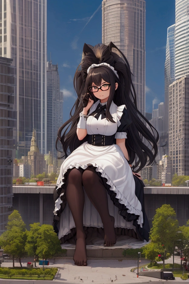 giantess art, highly detailed giantess shots, Two wrist, Two legs, Five fingers, colossal giantess, long hair, A beautiful girl who is bigger than any skyscraper, biggert than city, Wearing rimless glasses, Maid clothes, Black Pantyhose, barefeet, Pantyhose Barefoot, Steam coming out from the soles of the feet, Pissing on the city, Urine Tsunami, A very small big city, Miniature metropolis, Crush the big city, Full body description, GTS, giga giantess, stomping city, crash city, micro city, barefeet, High resolution, highest quality, masterpiece, Maid, maid,
