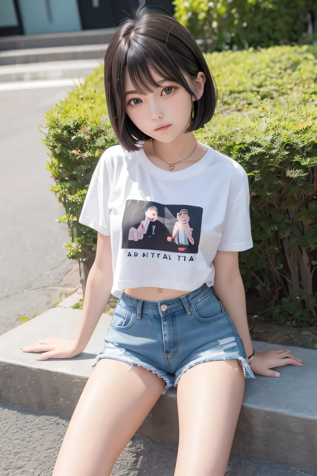 Extremely short, tight, and skinny denim shorts、Beautiful girl.,she is cute and beautiful like an idol.,She is pure and innocent.,She is wearing a T-shirt,High socks and sneakers.Japanese,Black short bob,A shy smile