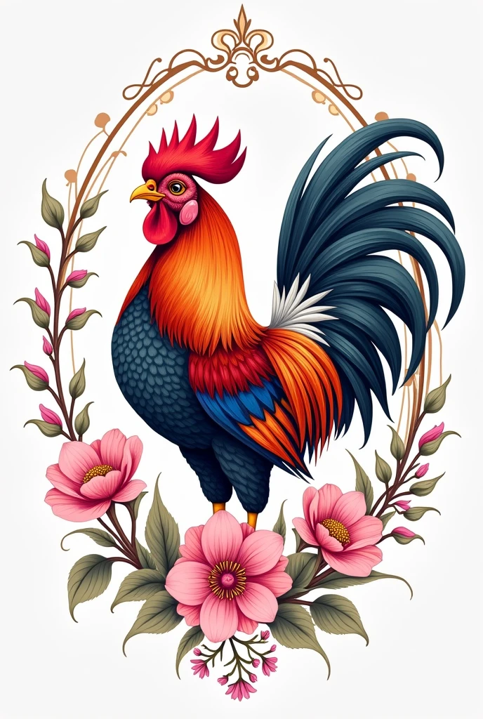 Rooster tattoo , tatoo, fine line, with arabesques highlighted, More Detailed, Improve, em desenho para tatoo, with arabesques on the sides, with more colorful details, with pink flowers, emphasis on the colorful rooster