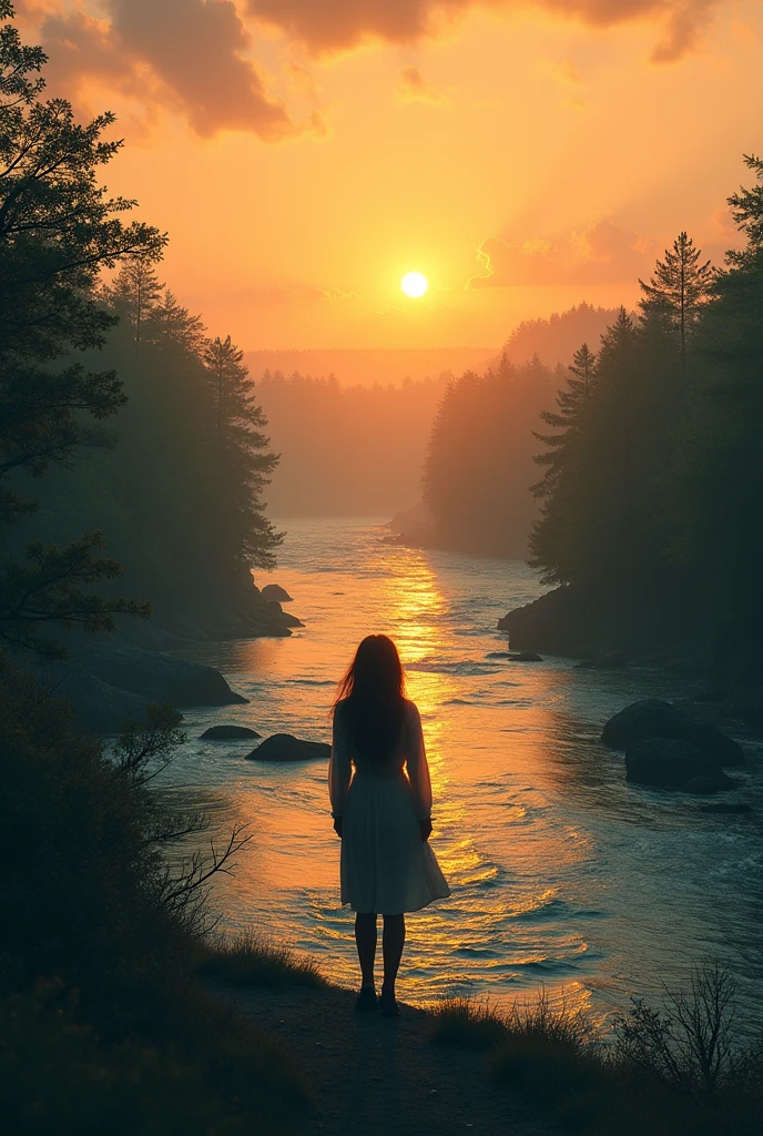 a sunset, a mighty river, Next to the river there are many trees and a shadow of a woman in the background, The size of the photo must be horizontal size, the shadow of the person is missing