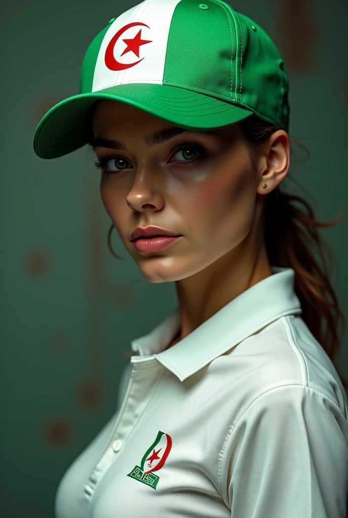 Woman wearing a white and green block polo shirt, and a white and green baseball cap with an Algerian flag on it. (front focus), ultra-realistic image, realistic images, dynamic lighting, art station, poster, volumetric lighting, side lighting, highly detailed faces, 4K, 