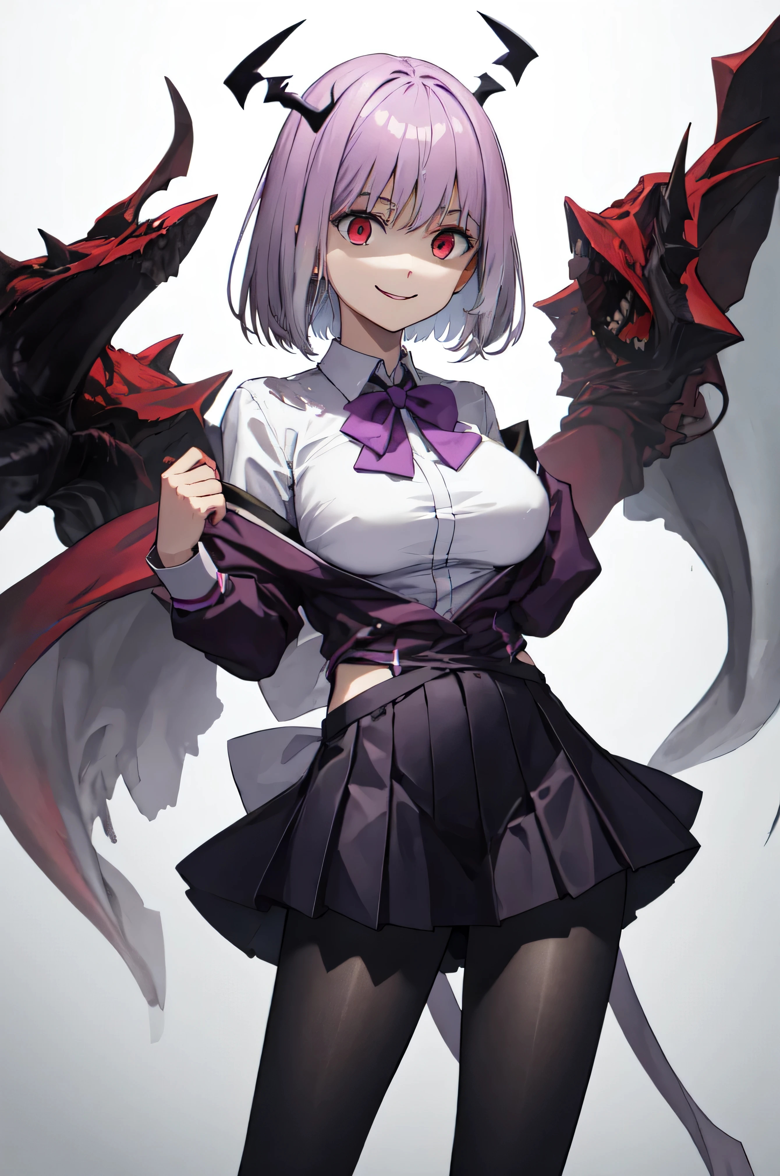 male, short hair, Red eyes, Large Breasts, Purple bow tie, Collared shirt, White shirt, Purple Jacket, Partially defrosted, Long sleeve, Sleeves are longer than the wrist, Pleated skirt, Black Skirt, pantyhose, smile, Waist clothes, night, dark, room, Shine, Backlight, Open your mouth, Leaning forward, , View your viewers, Hollow Eyes, masterpiece, Highest quality, High resolution, Nice hands, Perfect hands, Cowboy Shot,Too evil smile,smile the worst,Looking down at the viewer,Smile at its worst,Devilish Laugh,Dark shadowed face,Smile face,big monster ,Dark purple background,both hands,Five Fingers,Two legs,, Dark shadowed face,A sadistic smile,Malice,Contempt,smile,both hands,Two legs,Five Fingers,solo,Decorated with skulls. background, A mountain of skulls beneath