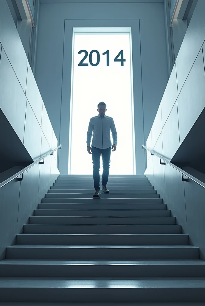 Create a man on top of a futuristic staircase in front of a luminous door.. Above the door it says 2014. The man is wearing casual but very elegant clothes..