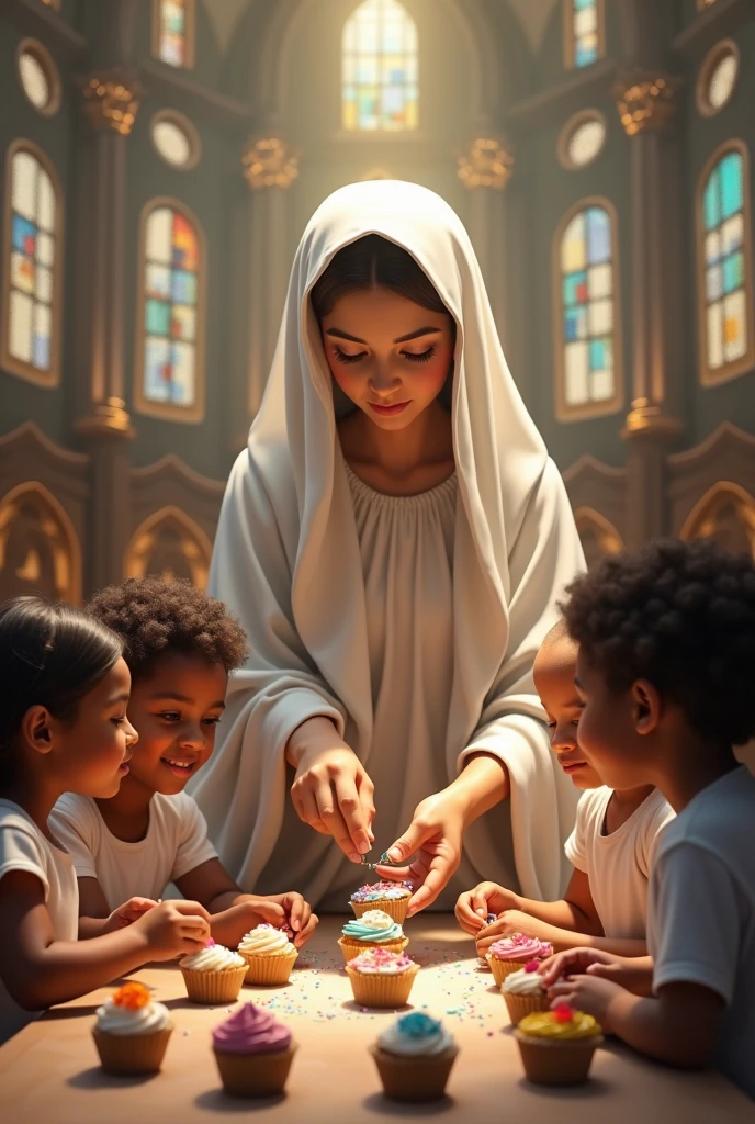 Our Lady, Jesus&#39; mother, helping brown and diverse Brazilian children to decorate cupcakes at a large church of São João Dom Bosco