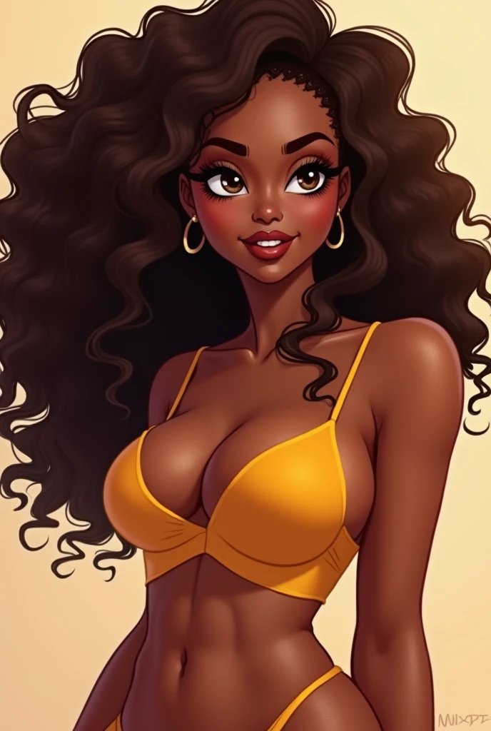 cartoon beautiful black woman curvy brown hair curly hair