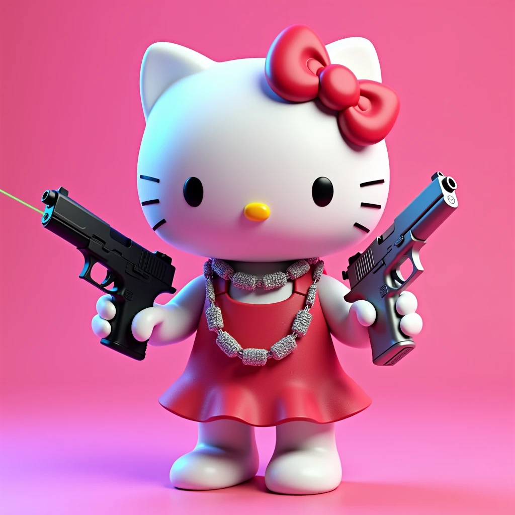 (Hello Kitty white)(3D format)(Pink background) In his left hand he holds a black Glock (This Glock has a powerful green neon laser in sight.) In his right hand he holds a steel-colored Glock model 38. (On her neck she has some diamond Cubans)