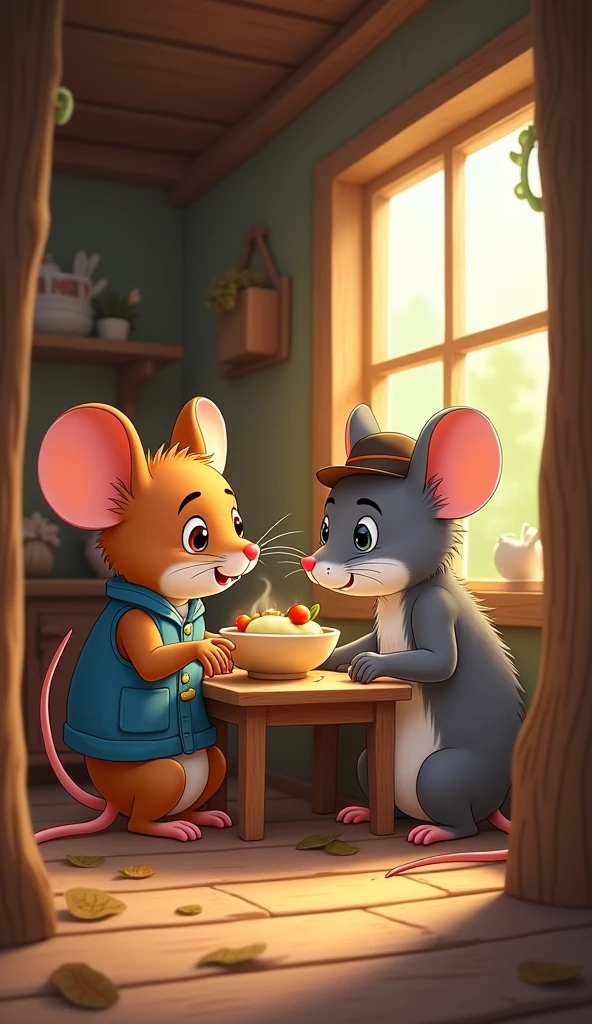 Setting: Inside the small, cosy wooden home, where the two mice are sitting at the table.
Visuals: The city mouse looks unimpressed as he stares at the plain food on the table. He wrinkles his nose in distaste and pushes the plate away. The city mouse, with his sleek fur and stylish hat, stands up and gestures towards the door, his face showing a mix of pity and pride. He invites his cousin to the city, promising a grand feast. The country mouse, though a bit hesitant, agrees, curious about what the city has to offer.
The country mouse, a small and gentle-looking mouse with brown fur and bright, kind eyes, He is wearing a little blue vest and appears to be in his late teens, full of energy and warmth.
The city mouse is sleek and grey, with sharp eyes and a small hat perched on his head. He looks a bit older, maybe in his early twenties, and has an air of sophistication.
Show as cartoons