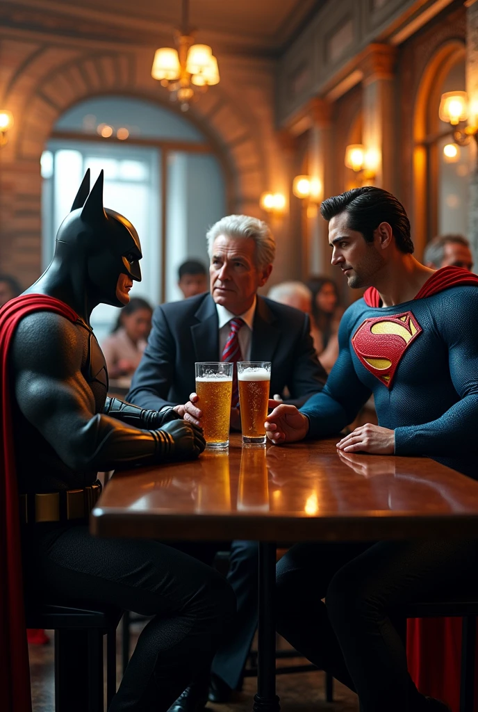 Create an image of Batman with Superman and Lula drinking beer and cachaça in a bar on Paulista Avenue in São Paulo