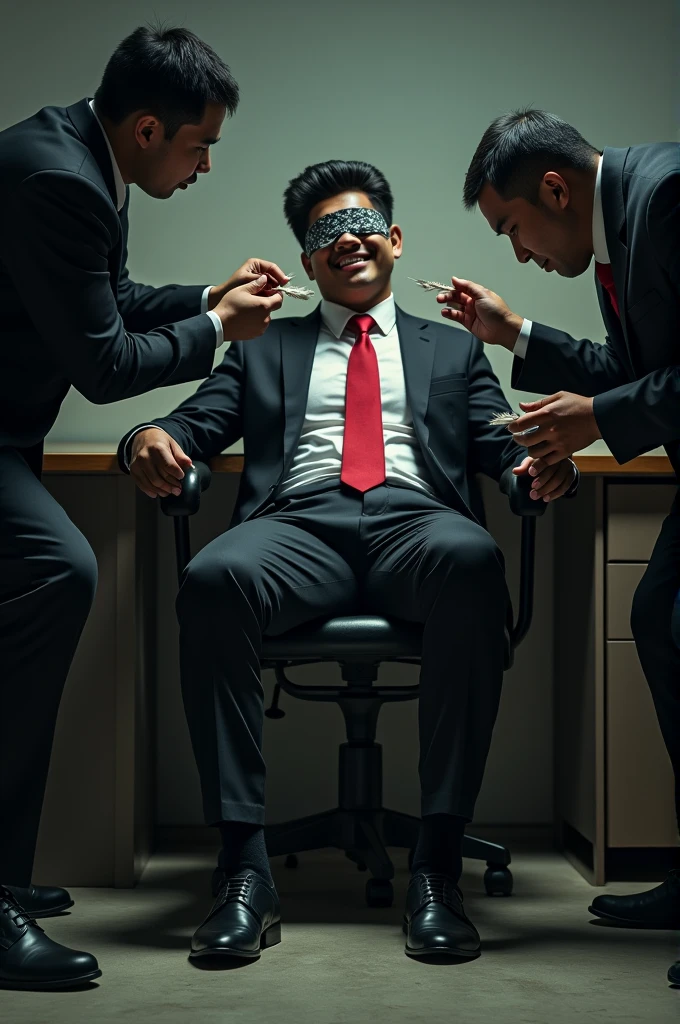 Malay handsome man Zarul 25 years university student
Get kidnapped in warehouse and Haqiem feet tied up and get blindfolded
Haqiem’s hand tied up
Black Suit and Red tie
Black sock
feet on desk
5 toes each feet
He's ticklish
Focus on his black sock feet
A man tickle his feet using feathers
Haqiem laugh uncontrollably
2 mafia pinch nose