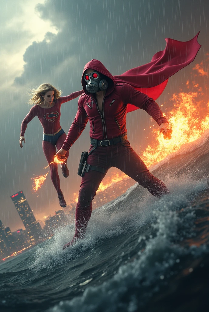 Young Star-lord with red hoodie, headphones, star-lord helmet, gas helmet, covered mouth, round red eyes, Red eyes, magic rings in the hands and rocket boots vs, SuperGirl, Fighting, power, fiction, full body, hug, fall, fire in boots, poweful spells, realistic, helmet, mask, red cape, confrontation, punch, gun, flying in the sky, view of the city from above, rain, fighting, Black gloves, ocean floor, face cover, free hair, front cover