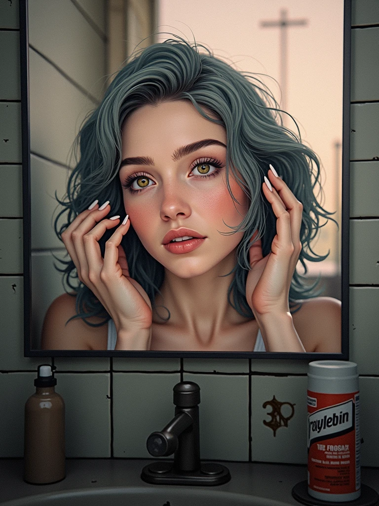 A girl with features similar to Dove Cameron, in a gas station bathroom dyeing her hair black, brown-eyed and wearing a white tank top