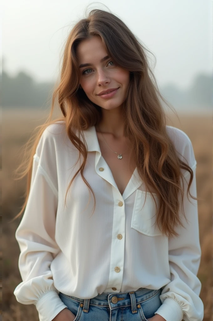 fot, taken from a distance seen full length, Female model, She is very young,  in the open air, jeans, white blouse, sexly, medium hips, Caucasian skin, sad for a lost love, long brown hair, a softened wry smile - contained excitement, Soft lighting on your face, realistic skin-clothes-hair textures, sky blue eyes carpeted mist, beautiful real textures and delicate aesthetics, full body view, dancing in the hall, notable for natural feminine beauty, noise, 8 k quality, FOTO RAW, by professional photographer, rule of thirds, Extremely Detailed
