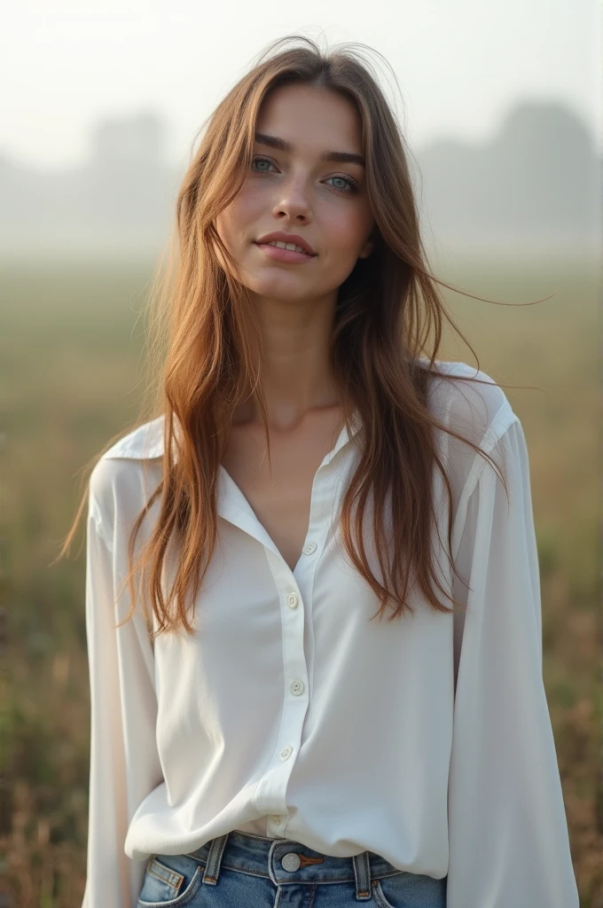 fot, taken from a distance seen full length, Female model, She is very young, in the open air, jeans, white blouse, sexly, medium hips, Caucasian skin, sad for a lost love, long brown hair, a softened wry smile - contained excitement, Soft lighting on your face, realistic skin-clothes-hair textures, sky blue eyes carpeted mist, beautiful real textures and delicate aesthetics, full body view, dancing in the hall, notable for natural feminine beauty, noise, 8 k quality, FOTO RAW, by professional photographer, rule of thirds, Extremely Detailed