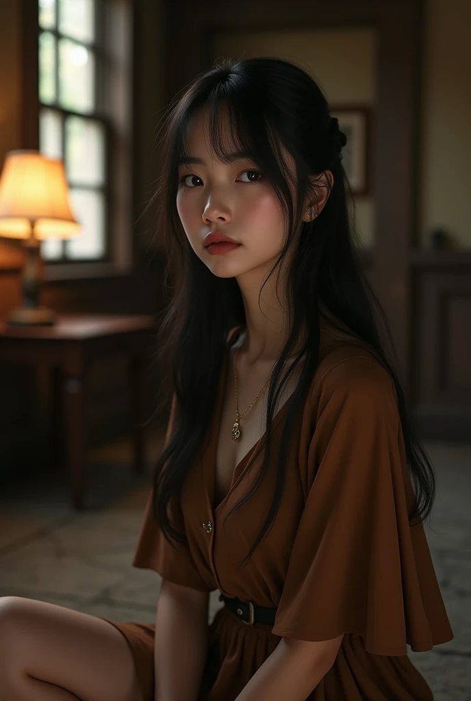 (Highest quality:1.4),(masterpiece:1.4),(Realistic:1.4),(Realistic:1.2),(超High resolution, RAW Photos:1.4),(High resolution, Ultra-detailed:1.2),(8k:1.2),View your viewers,Cinematic photography,One person,skeletally correct,Black-haired woman,Woman in her early 20s,(Small earrings,necklace,Brown cape collar dress),(Western-style building interior,Dimly lit room,The lamplight shines on my cheeks,kneel)