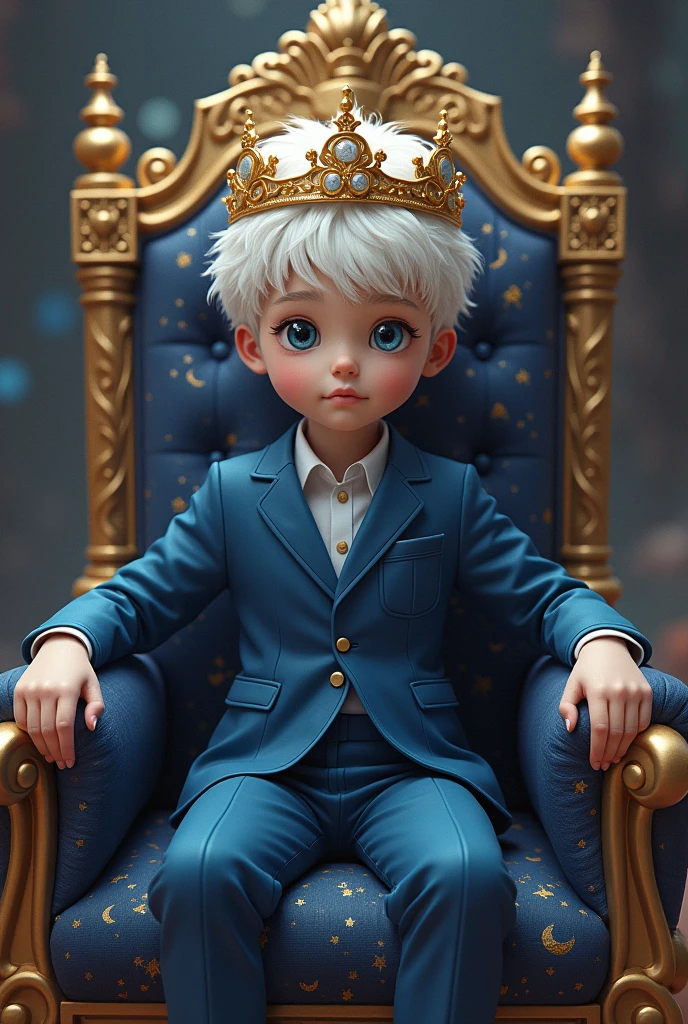 Teenage prince a crown with moon details blue suit on a throne with moon details with short white hair and shoes 
