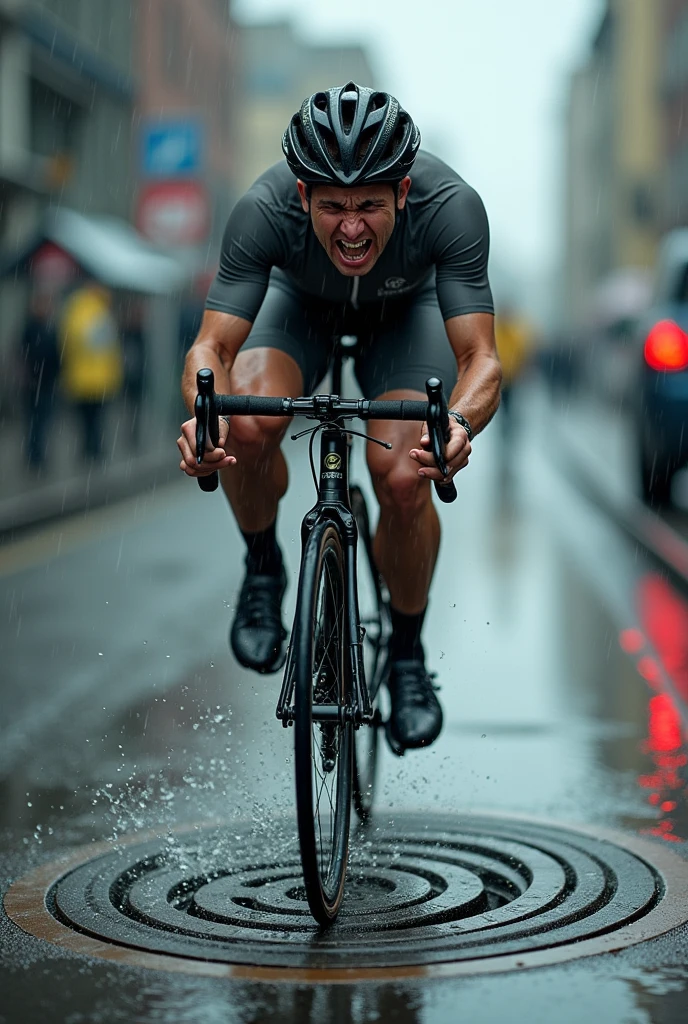 Road bike rider facing forward, half crying, running on a wet manhole cover, slipping and falling to the ground
