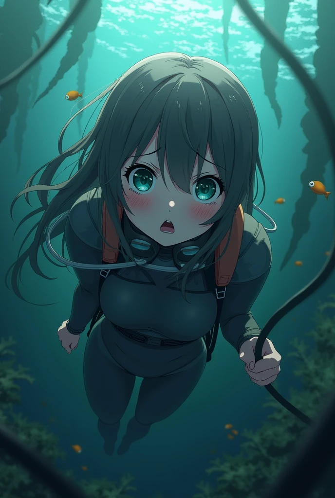 anime girl underwater in wetsuit and scuba gear scared and tied up