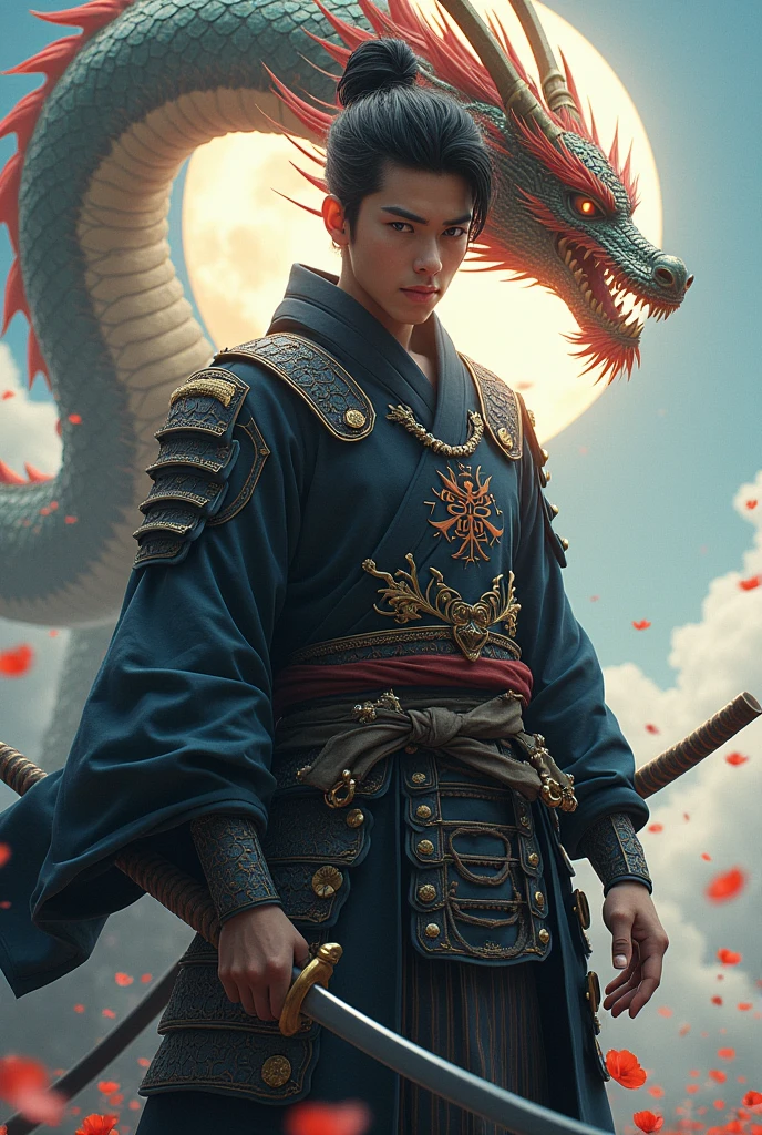 A white-skinned prince, Medium length black hair with red tips. Blue eyes, pink lips and a black Phoenix Dragon behind him. He will have a warrior outfit and on the chest of his outfit there will be the logo of a dragon head and a wing. The prince has American nationality