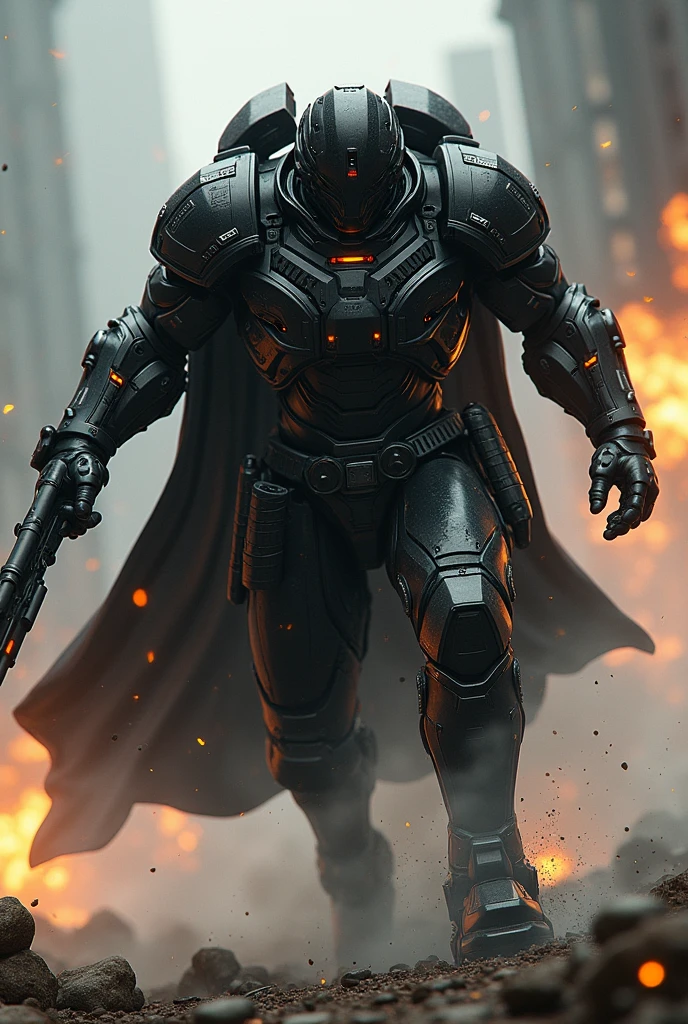 Create a highly realistic visual depiction of an Obsidian Guard in action within a futuristic dieselpunk setting. The Obsidian Guard is shown in full motion, engaging in combat with powerful, advanced weapons and heavy armor that blends sleek futuristic design with rugged dieselpunk aesthetics. The armor is black with intricate metallic detailing, and the Guard's weaponry features a mix of mechanical and energy-based technology. The scene is set in a gritty, industrial environment, with the Obsidian Guard moving through smoke, debris, and explosions, showcasing their formidable combat prowess. The image should emphasize the dark, intense, and powerful nature of the Obsidian Guard as they dominate the battlefield.