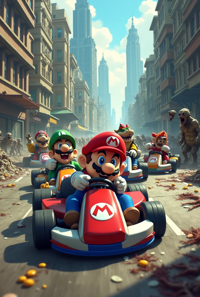 Super mario racing kart in the middle of a city full of zombies