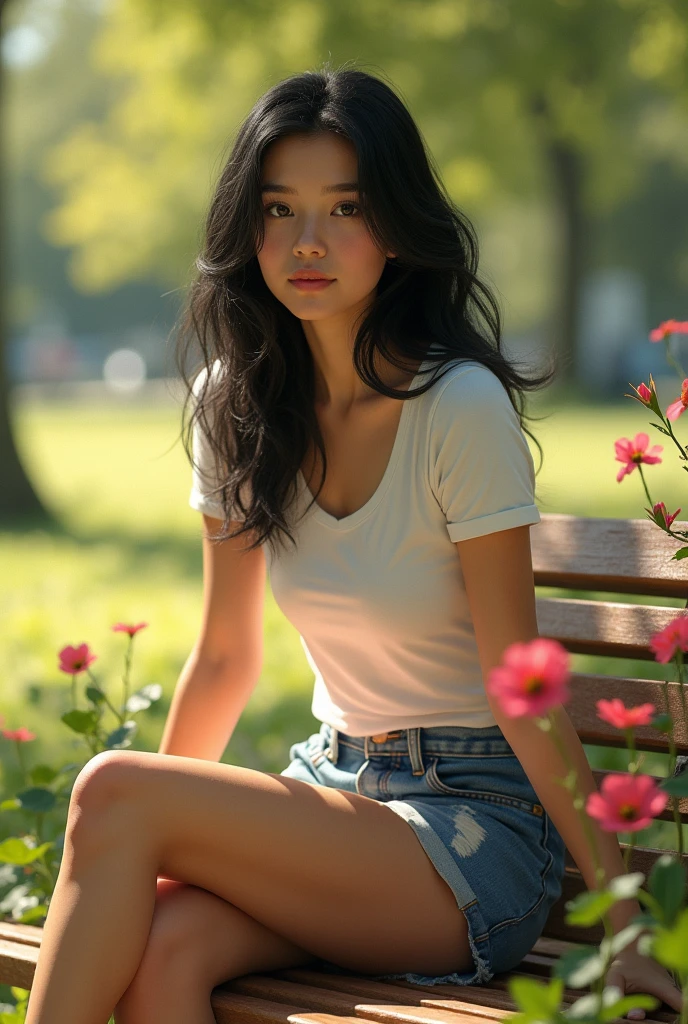 (masterpiece), (extremely intricate:1.3), (realistic), portrait of a girl with exceptionally beautiful facial feature, (weight 66 KG), eye Color blue, hair color black, (figure size 38-28-34), the most beautiful in the world, (casual outfit - small shorts and a t-shirt), black hair flowing naturally, sitting on a bench in a sunlit park, surrounded by blooming flowers, professional photograph of a stunning girl detailed, sharp focus, soft and warm lighting, octane render unreal engine, volumetrics dtx, (film grain, beautiful background, bokeh, depth of field, sunbeams, gentle breeze)