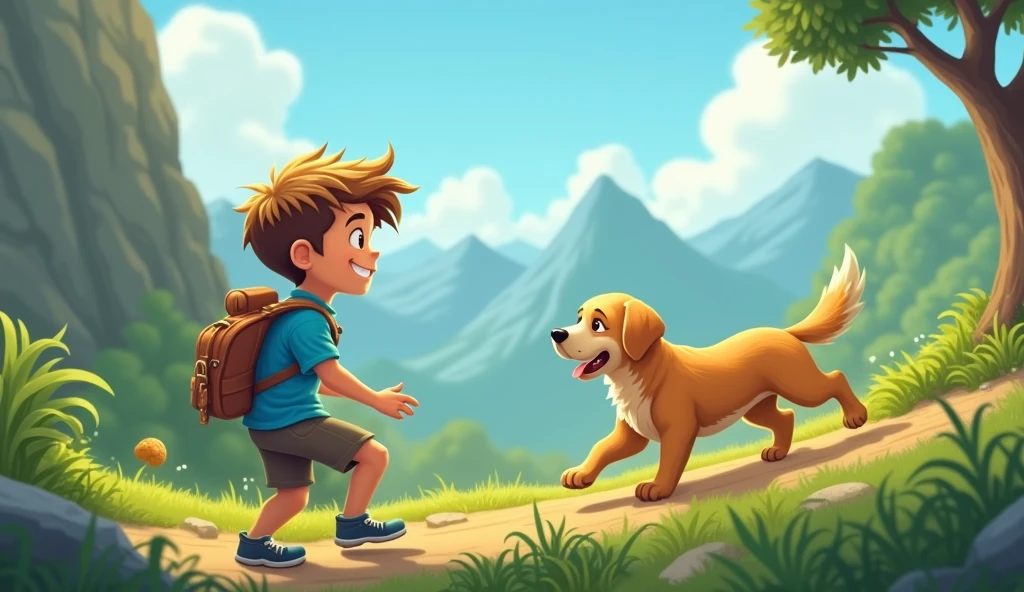 Boy in blue shirt and golden dog climbing a mountain