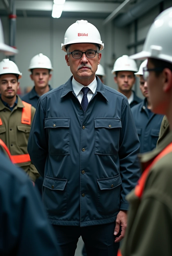 Create a HSE tem leader male and back side hse staff team age 22 and white helmet 